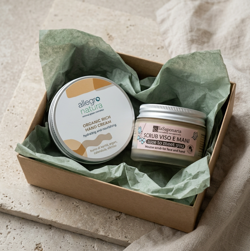 Cofanetto regalo in cartone con crema mani e scrub viso-mani in due barattoli