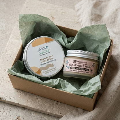 Cofanetto regalo in cartone con crema mani e scrub viso-mani in due barattoli