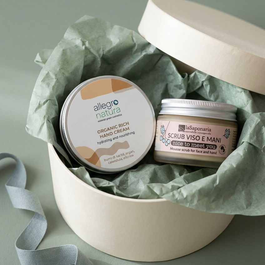 Set per mani in cofanetto beige con barattoli allegro natura e laSaponaria