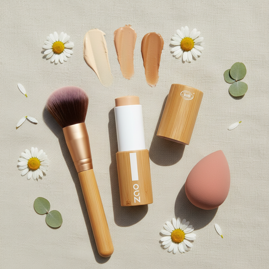 Fondotinta stick ricaricabile con swatch beige su sfondo tessuto chiaro
