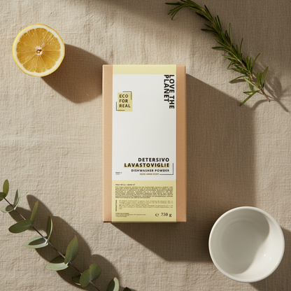 Confezione di detersivo per lavastoviglie in cartone bianco e marrone, 750 g