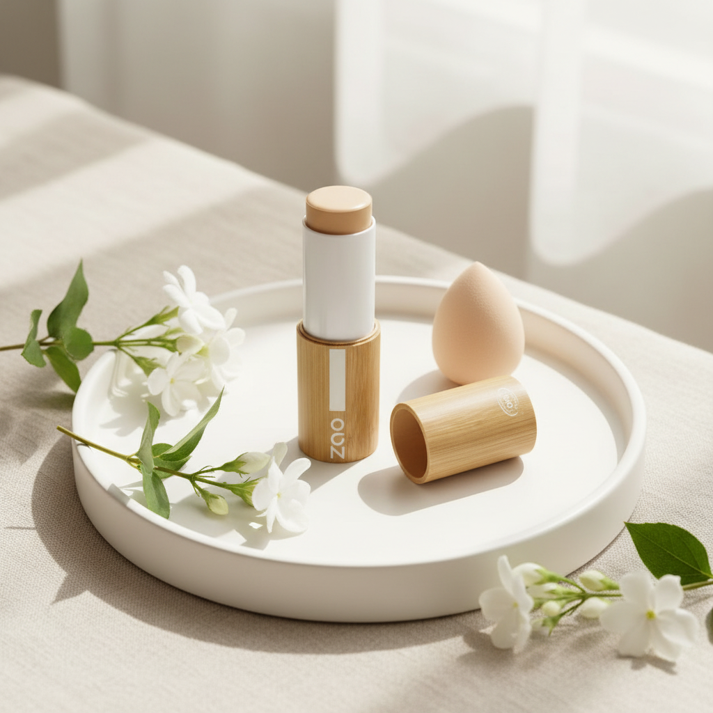 Fondotinta stick ricaricabile con astuccio bambù e tappo crema, tono beige