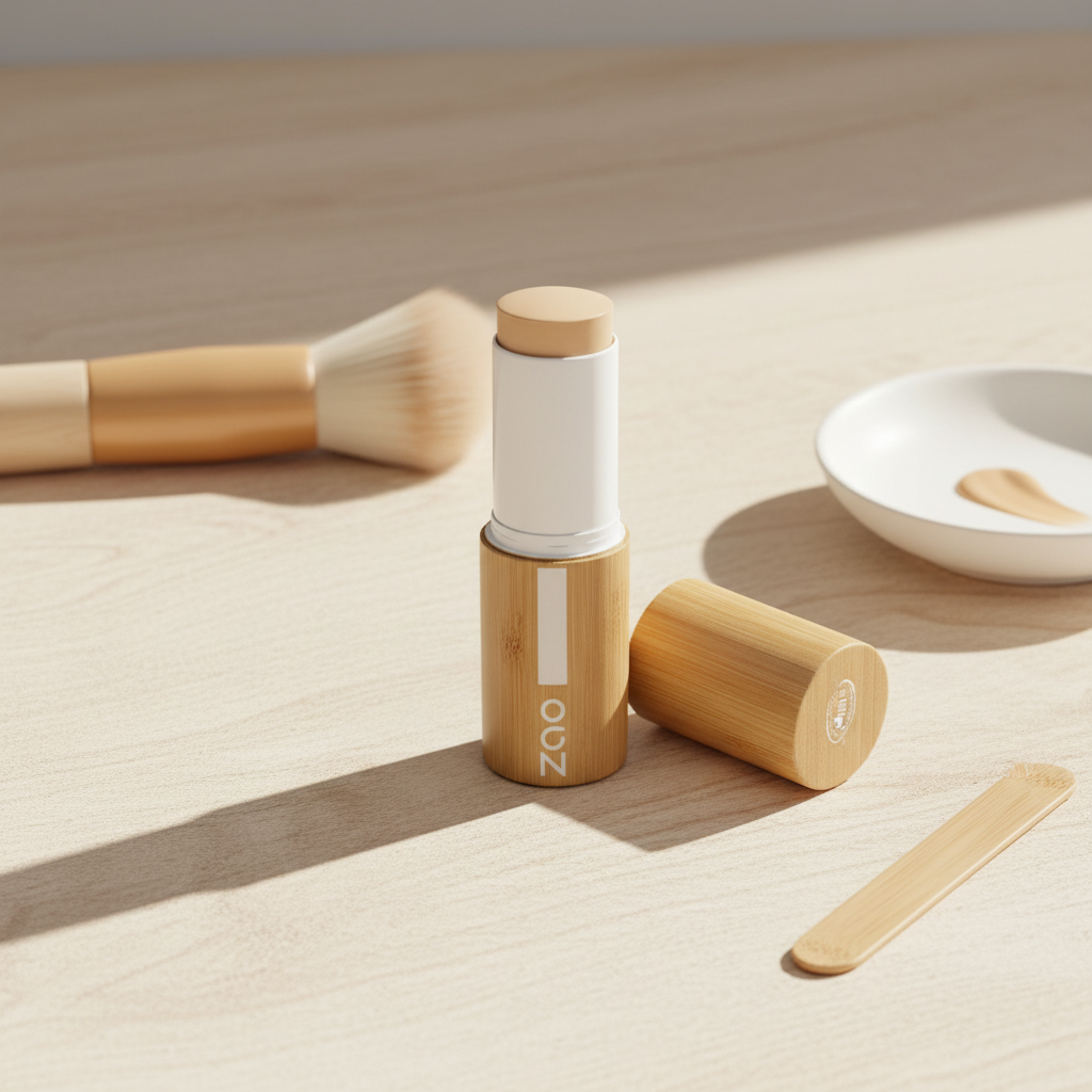 Fondotinta stick ricaricabile in tubo bambù, tappo crema e refill a lato