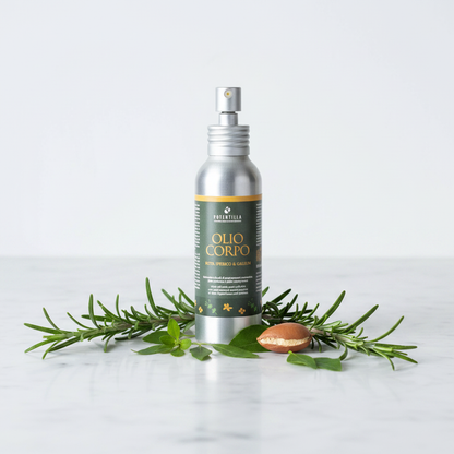 Olio Corpo Ruta Galium Iperico - marmo bianco con botanici