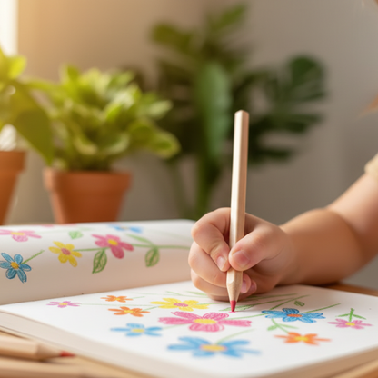 Mano di bambino che disegna con matite colorate in legno naturale