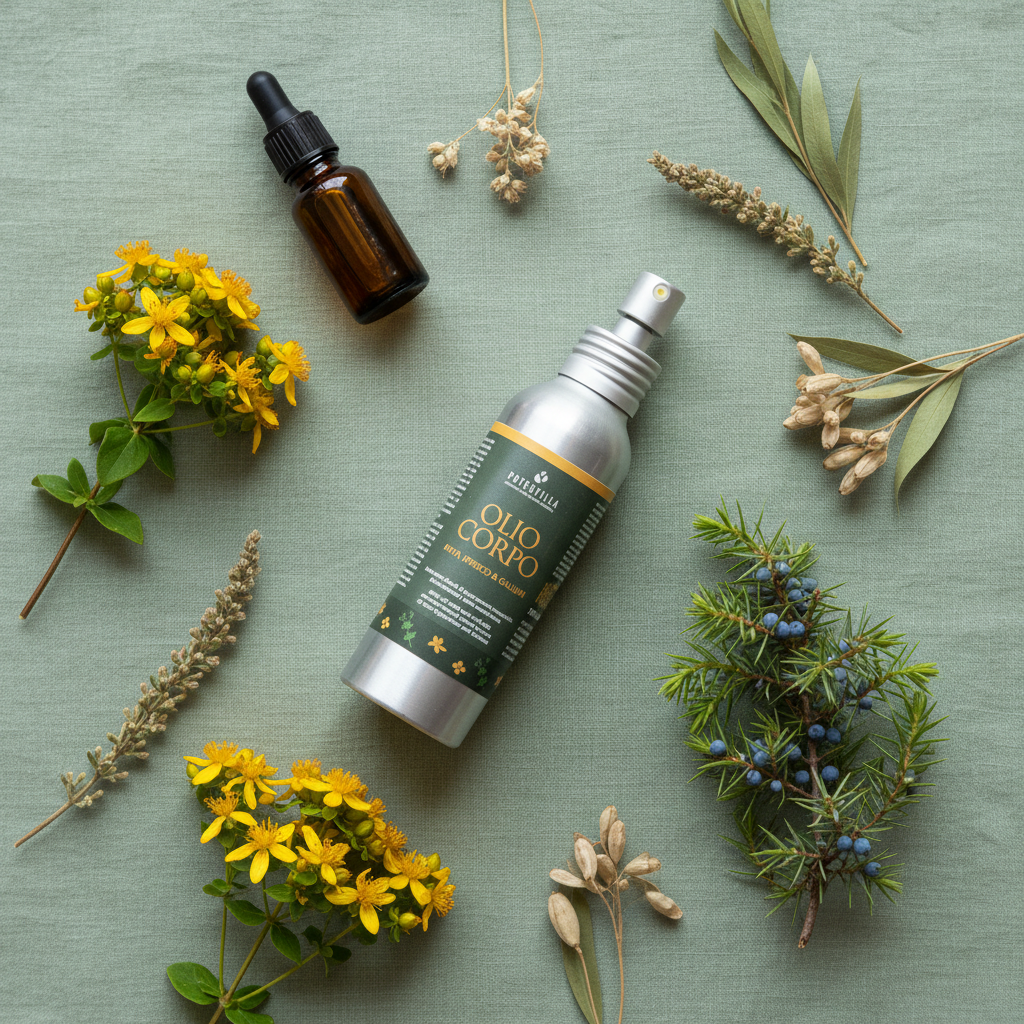 Olio Corpo Ruta Galium Iperico - flat lay lino verde