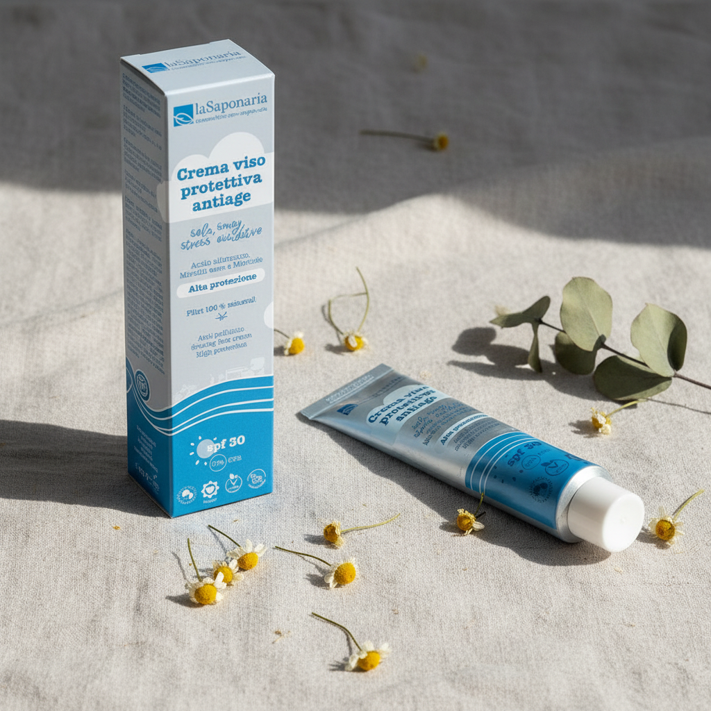 Crema Viso Anti-Age SPF 30 su lino con fiori