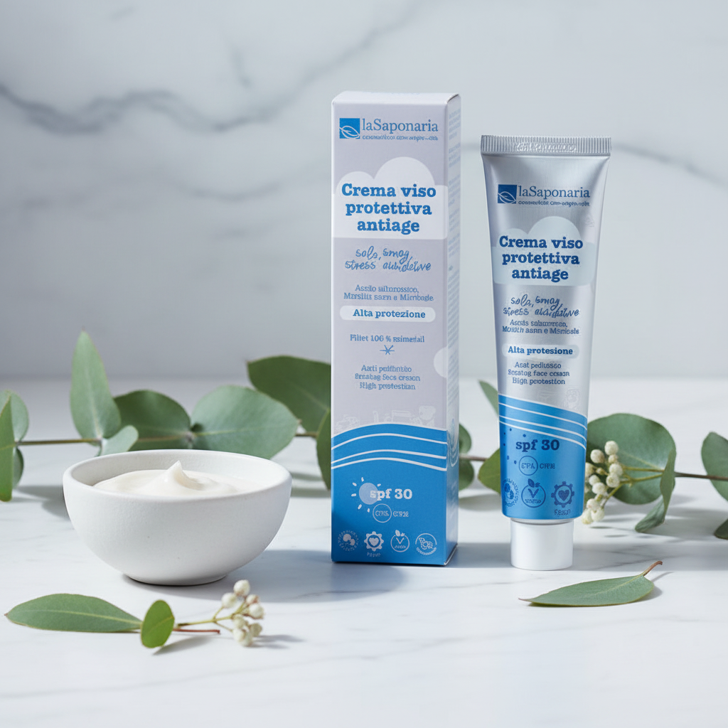 Crema Viso Anti-Age SPF 30 su marmo bianco