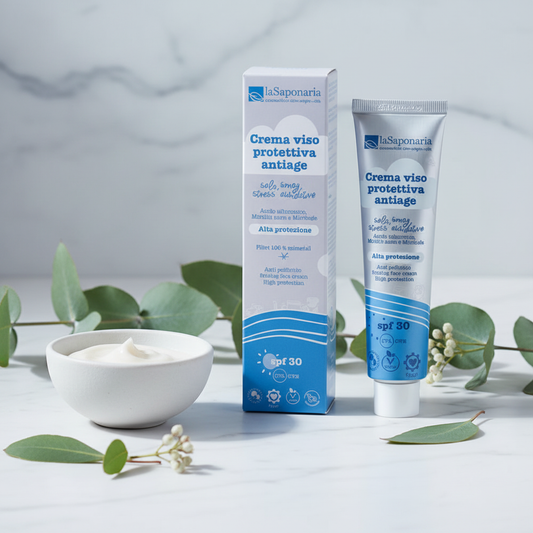 Crema viso SPF 30: tubo bianco e confezione blu, vista frontale