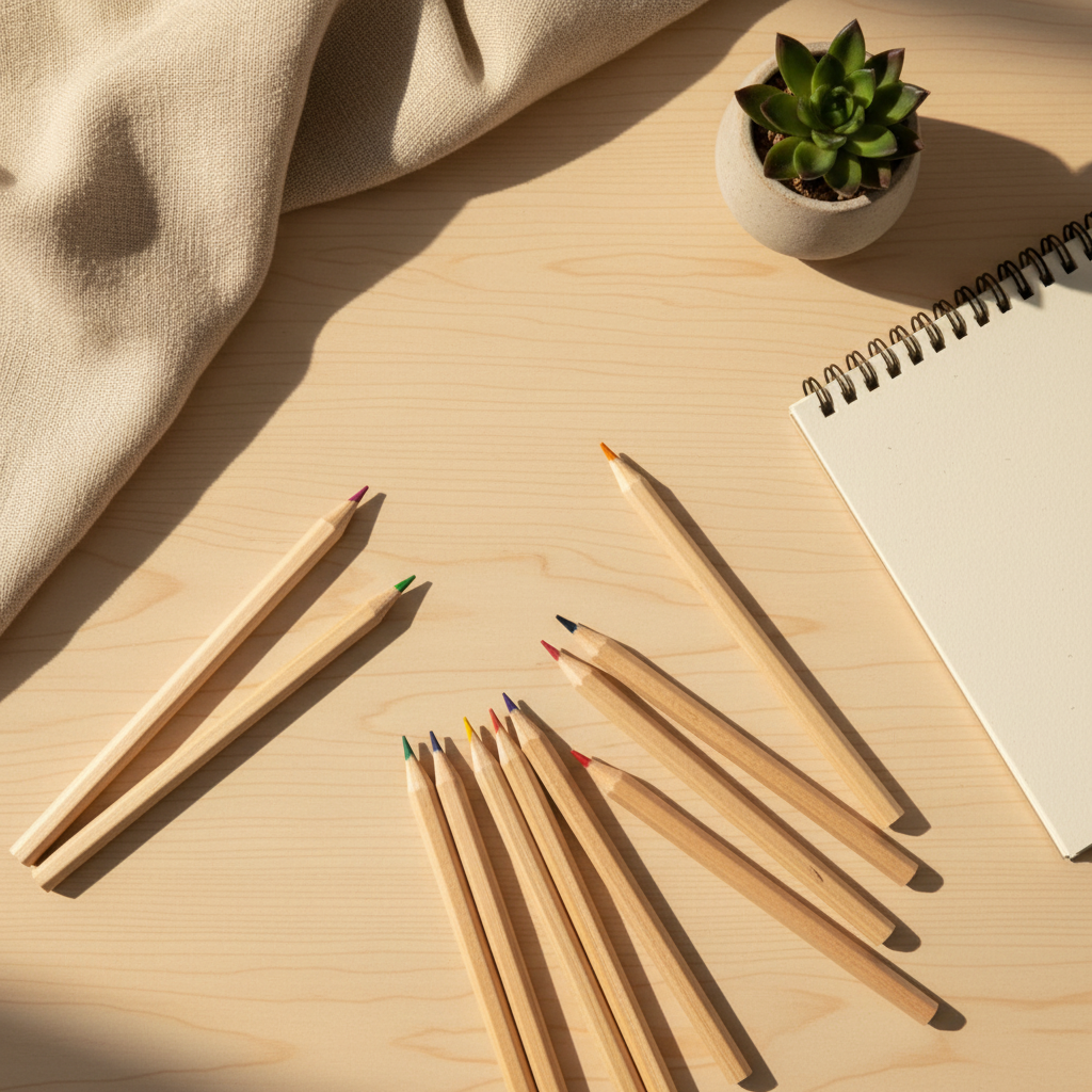 Flat lay matite colorate in legno su scrivania con piante e sketchbook