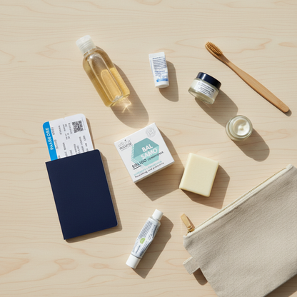 Mini balsamo solido viaggio flat lay
