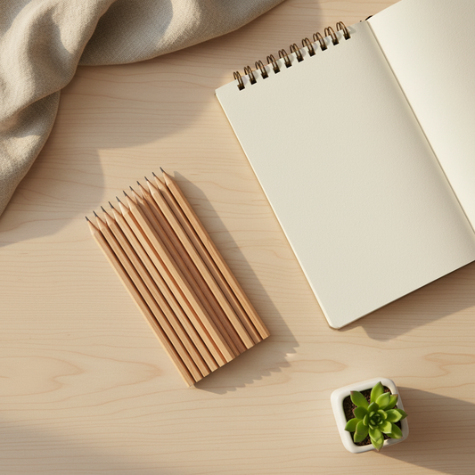 Flat lay matite esagonali su scrivania in legno con piante e notebook