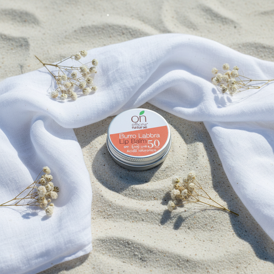 Barattolo balsamo labbra SPF 50 con coperchio argentato ed etichetta arancione