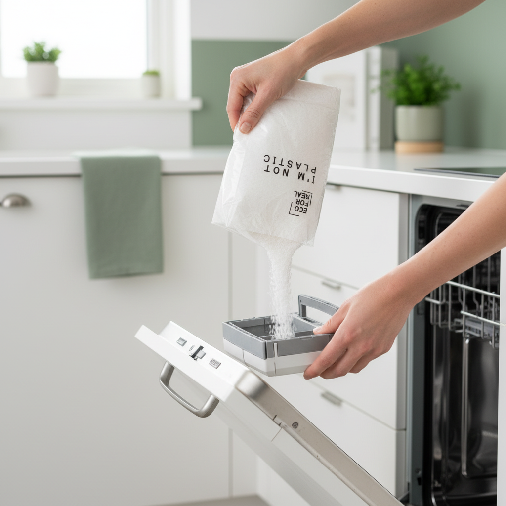 Sacchetto di detersivo per lavastoviglie bianco, in mano