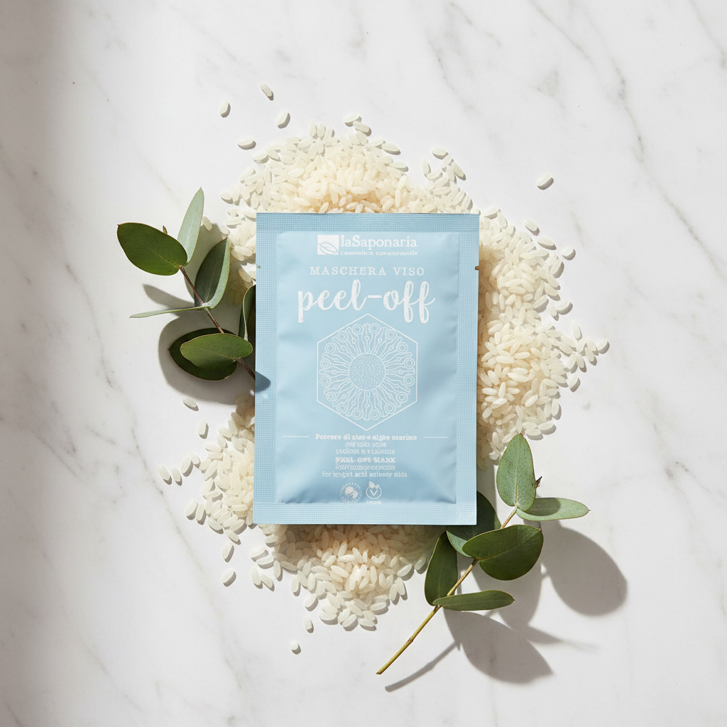 Maschera viso peel off riso purificante, texture cremosa bianca naturale