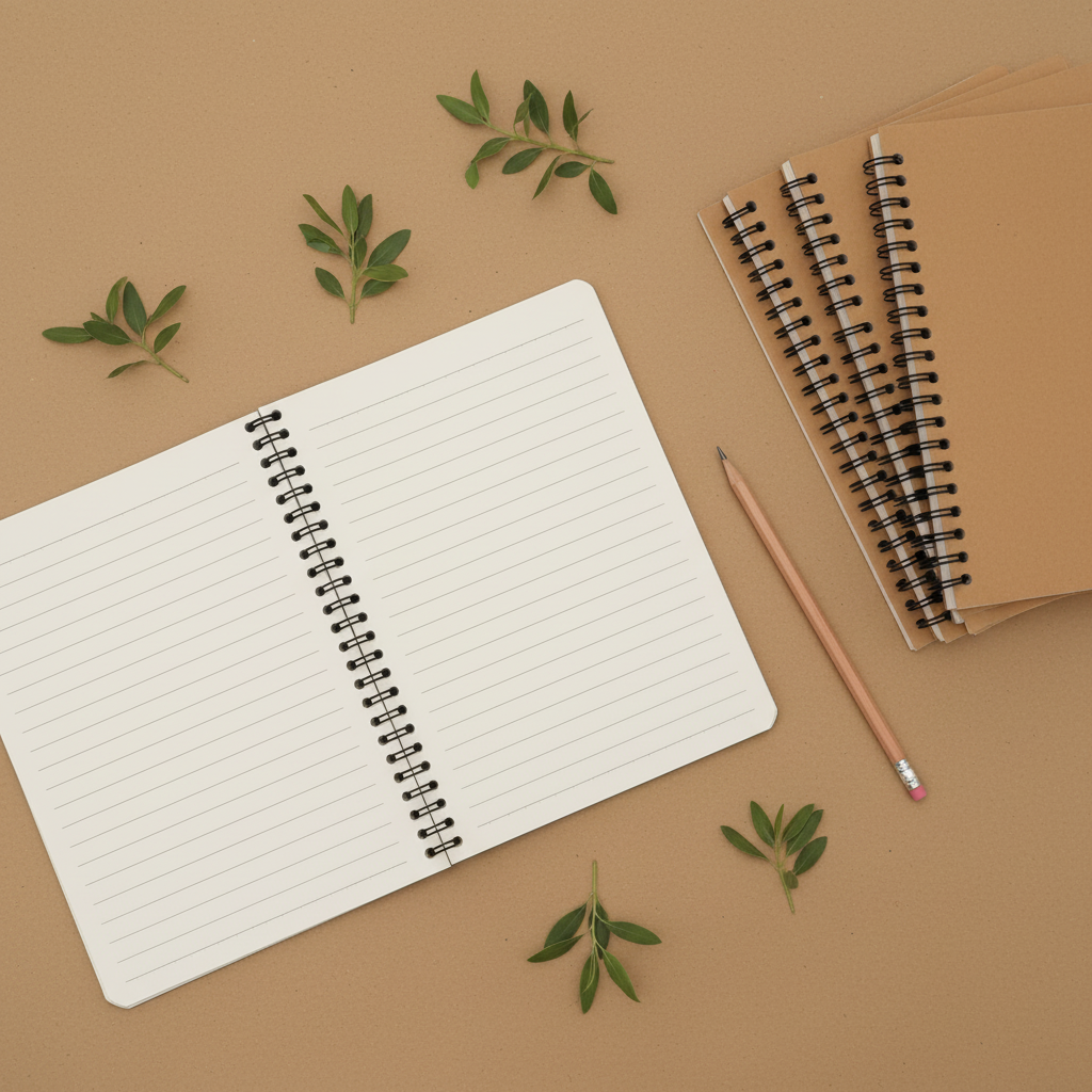 Quaderno A5 beige a righe con spirale metallica nera, pagine bianche