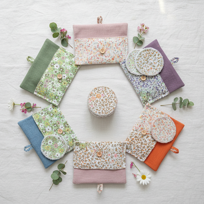 Pochette slim dischetti struccanti riutilizzabili varie fantasie colori su marmo, collezione zero waste eco-friendly