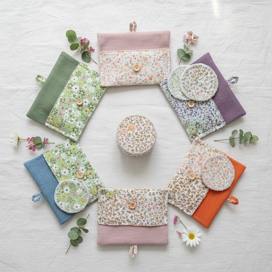 Pochette slim dischetti struccanti riutilizzabili varie fantasie colori su marmo, collezione zero waste eco-friendly