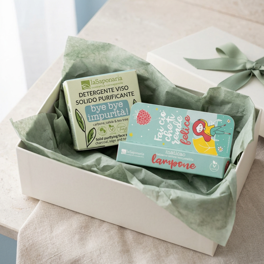 Cofanetto duo viso e labbra: detergente solido verde e balsamo lampone rosso