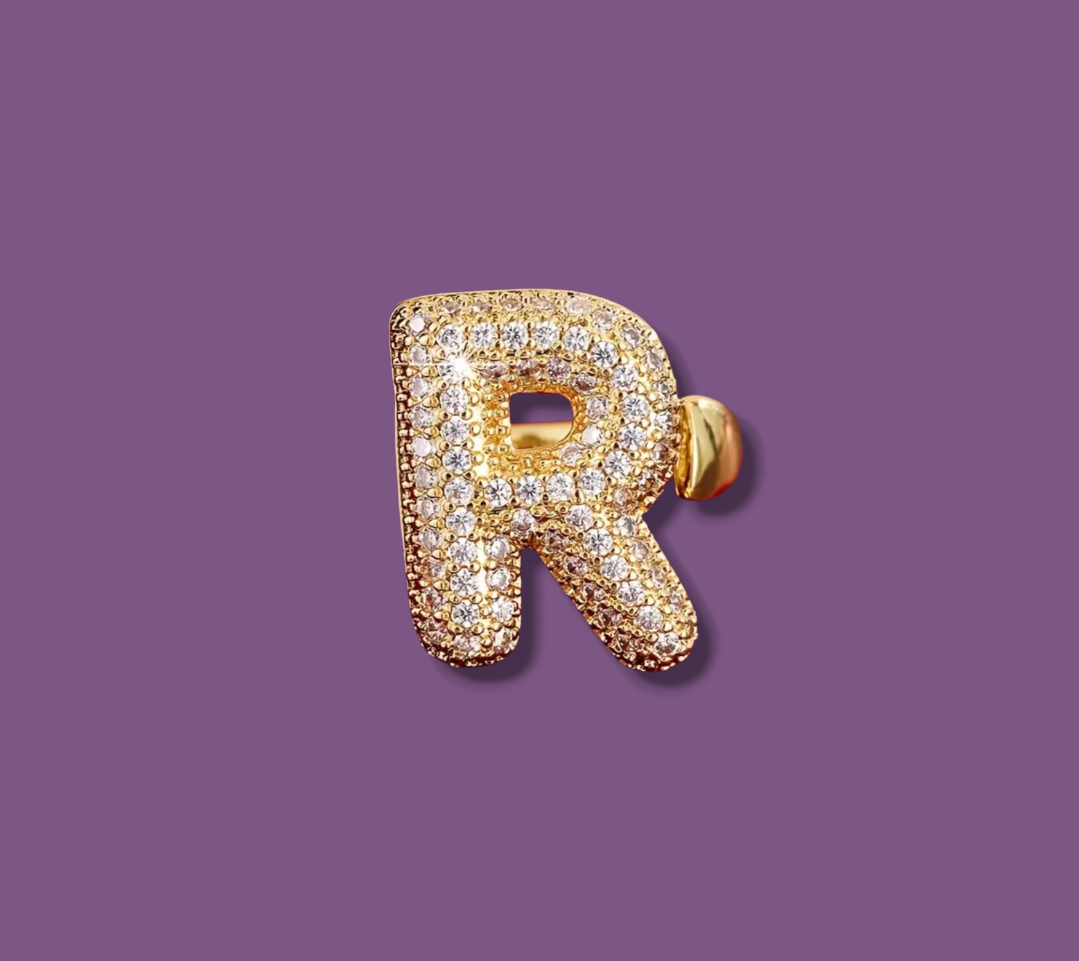 Anello color Oro con Iniziale in Acciaio Inox e Zirconi - Regolabile