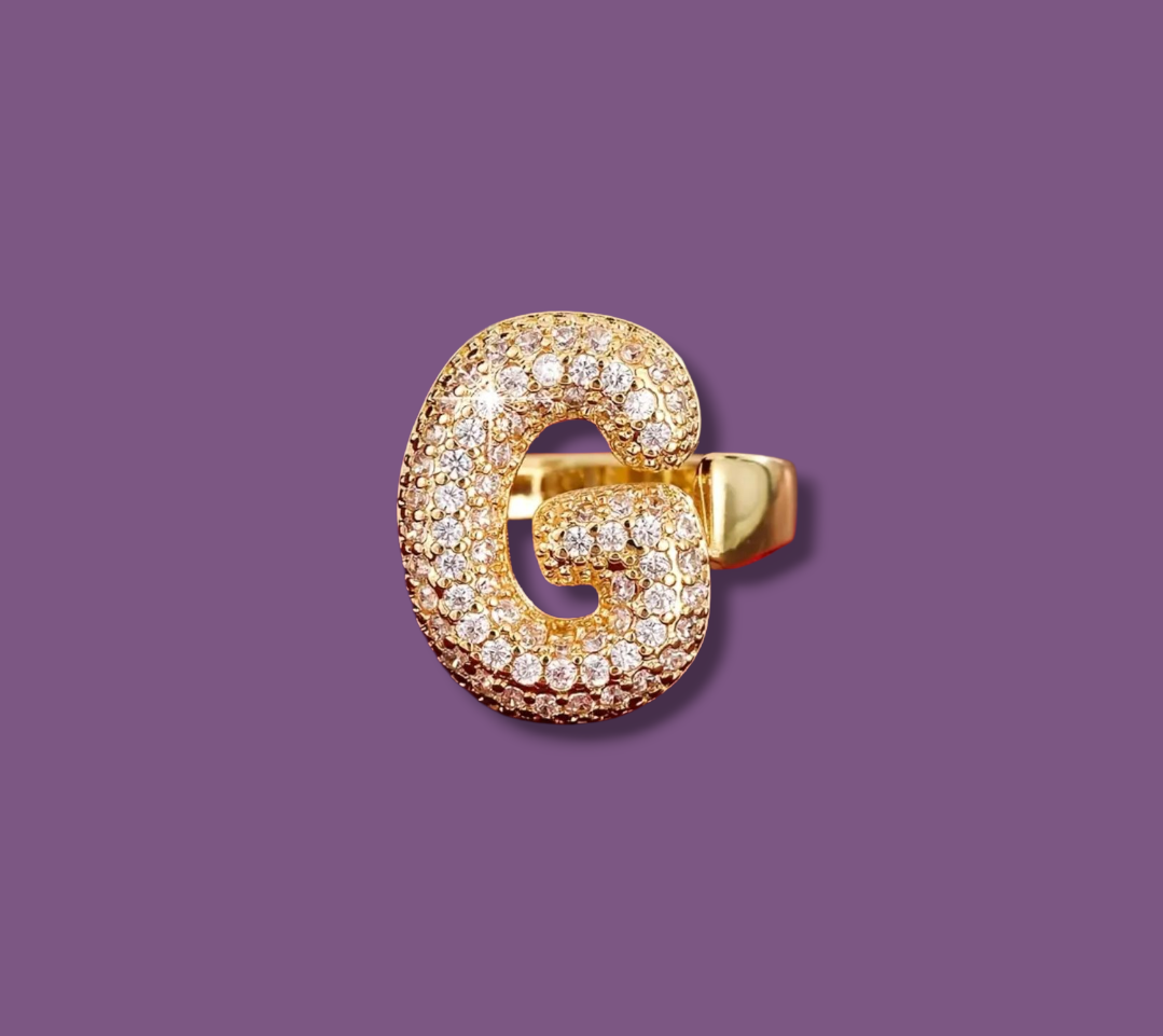 Anello color Oro con Iniziale in Acciaio Inox e Zirconi - Regolabile