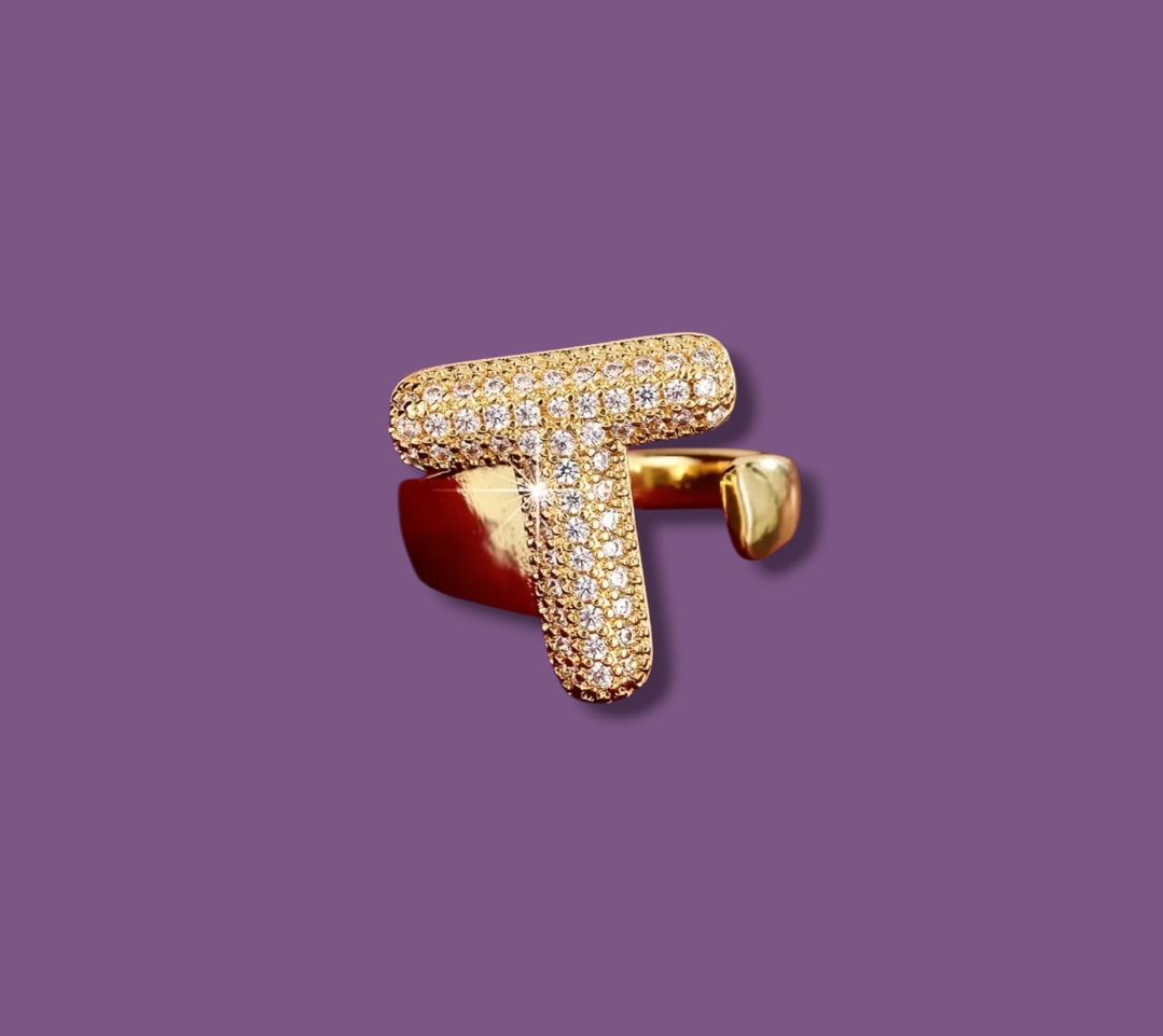 Anello color Oro con Iniziale in Acciaio Inox e Zirconi - Regolabile