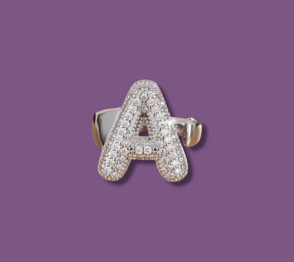 Anello color Argento con Iniziale in Acciaio Inox e Zirconi - Regolabile