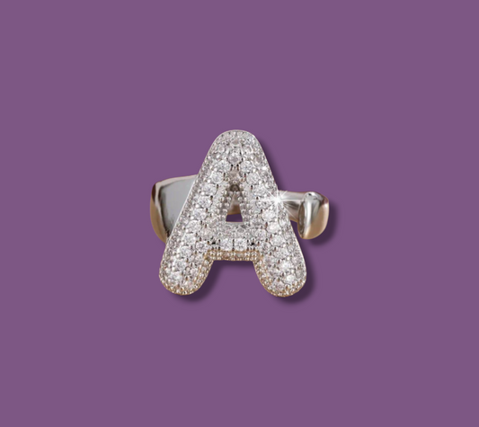 Anello color Argento con Iniziale in Acciaio Inox e Zirconi - Regolabile