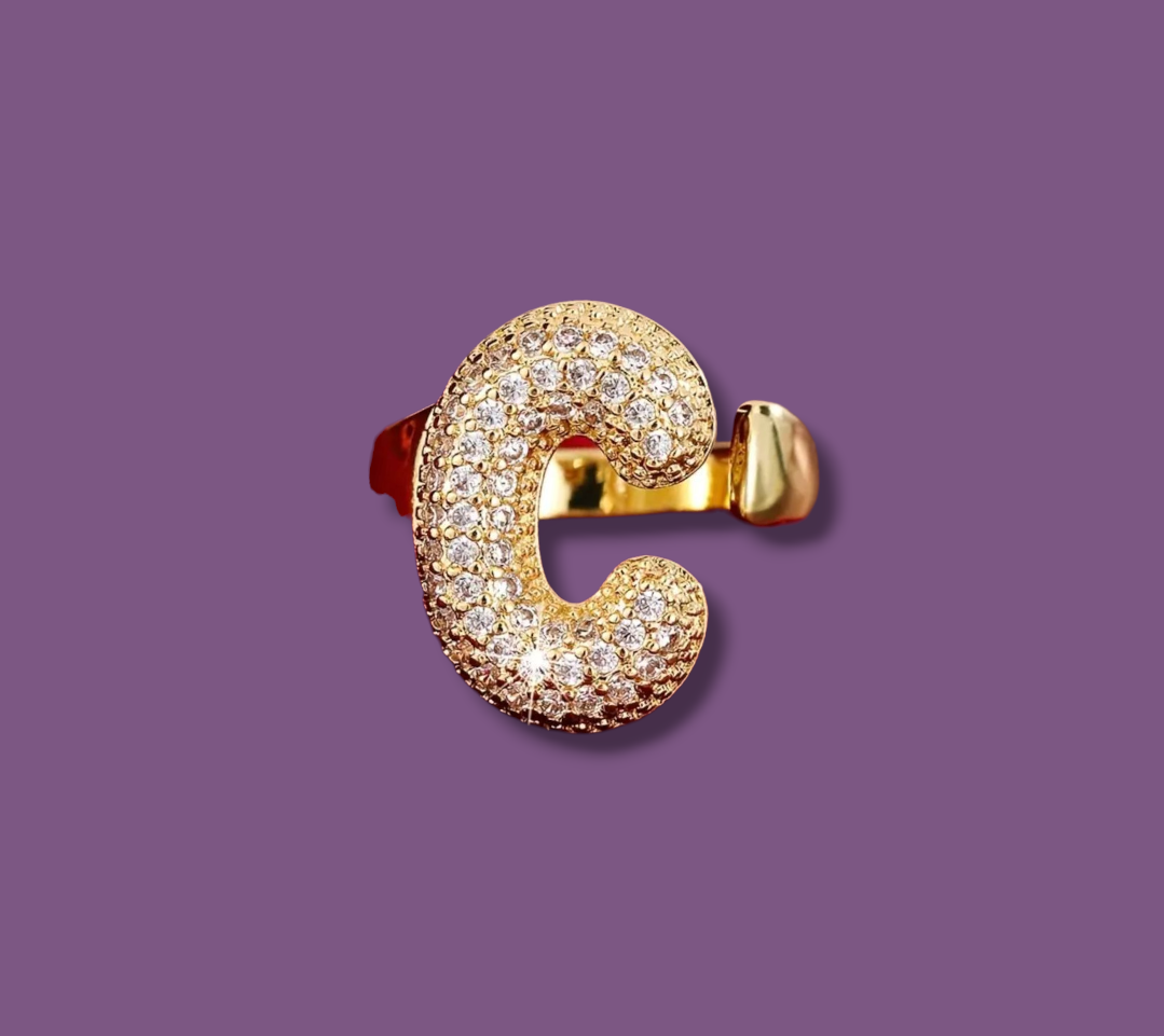 Anello color Oro con Iniziale in Acciaio Inox e Zirconi - Regolabile