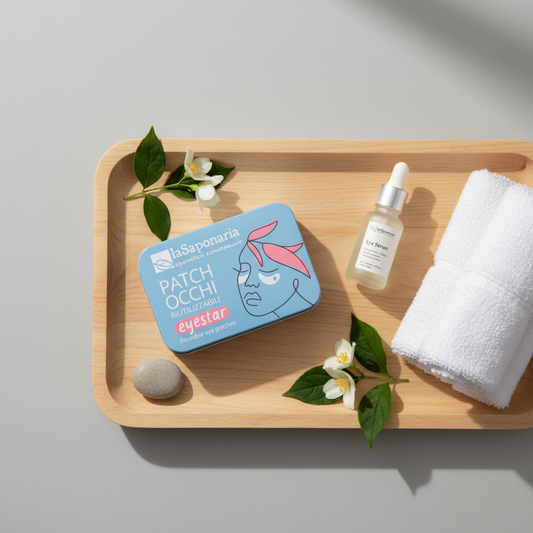 Scatola latta patch occhi riutilizzabili su marmo con cetriolo aloe, confezione anti-rughe contorno occhi