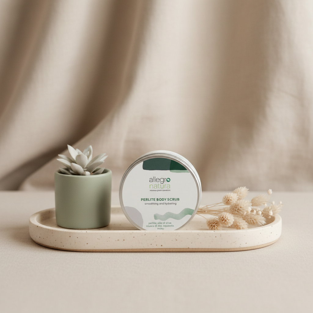 Scrub corpo perlite biologico vegan, esfoliante naturale delicato zero plastica