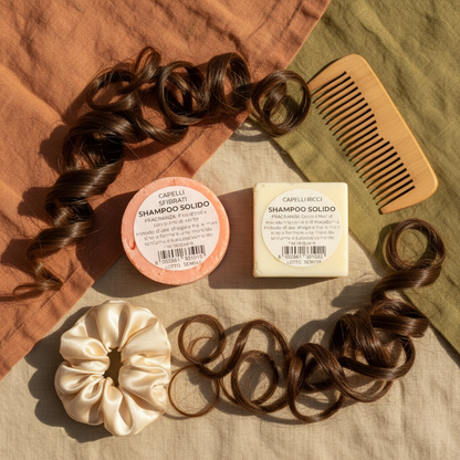 Shampoo solido naturale in uso su capelli bagnati, schiuma delicata