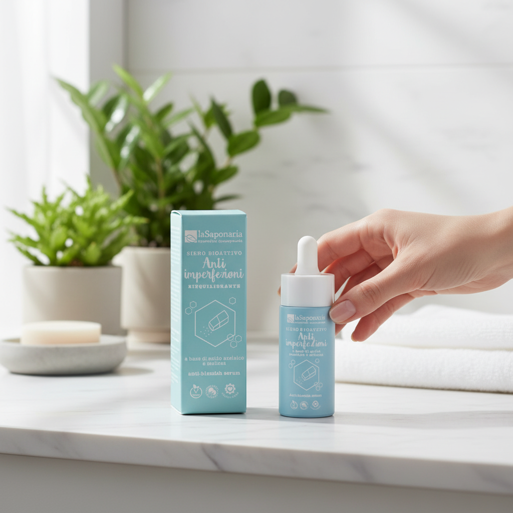 Siero viso anti imperfezioni su marmo bianco con foglie melissa tea tree, acido azelaico pelli acneiche