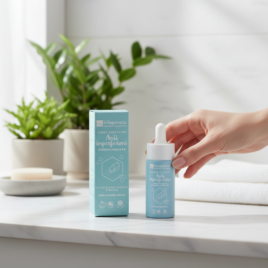 Siero viso anti imperfezioni su marmo bianco con foglie melissa tea tree, acido azelaico pelli acneiche