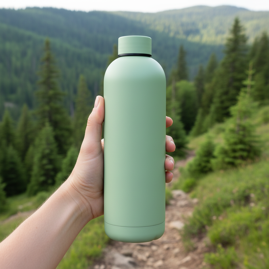 Borraccia termica in acciaio inox verde salvia, in mano, profilo laterale.